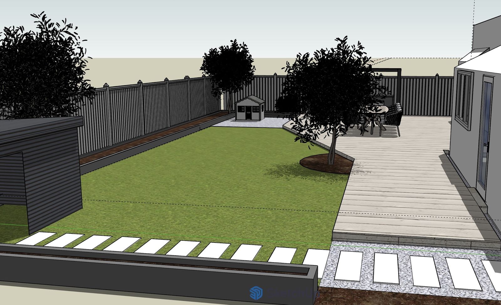A working 3D model of a garden in progress, showing decking, lawn, stepping stones and a studio placed to scale